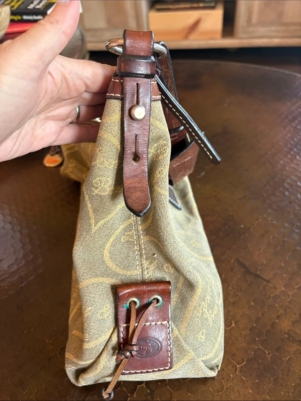 Vintage Dooney & Bourke Heart Monogram Leather Hobo Bag Beige Brown